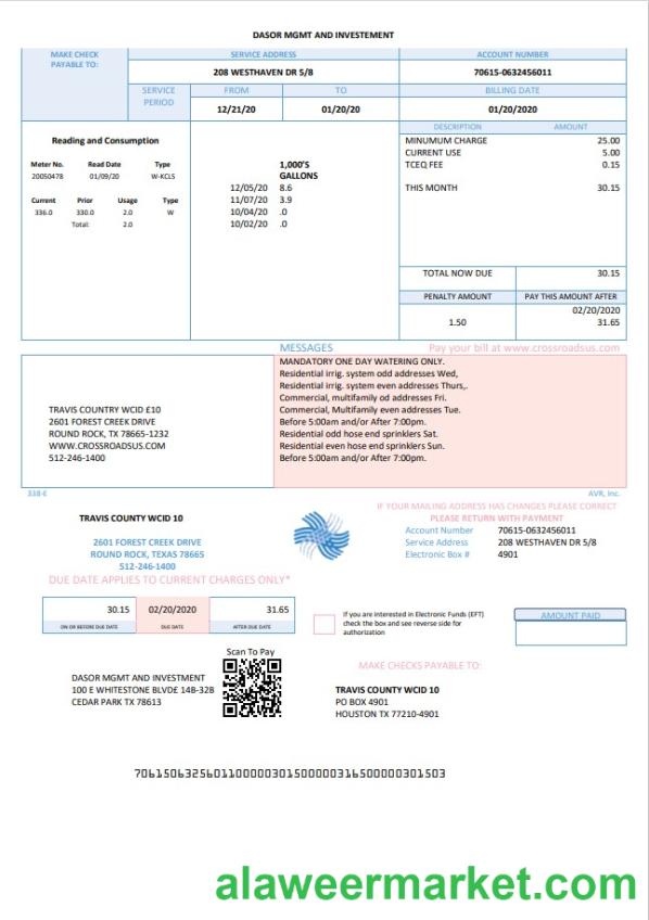 USA Texas Dasor Management and Investment utility bill template in Word nd PDF format